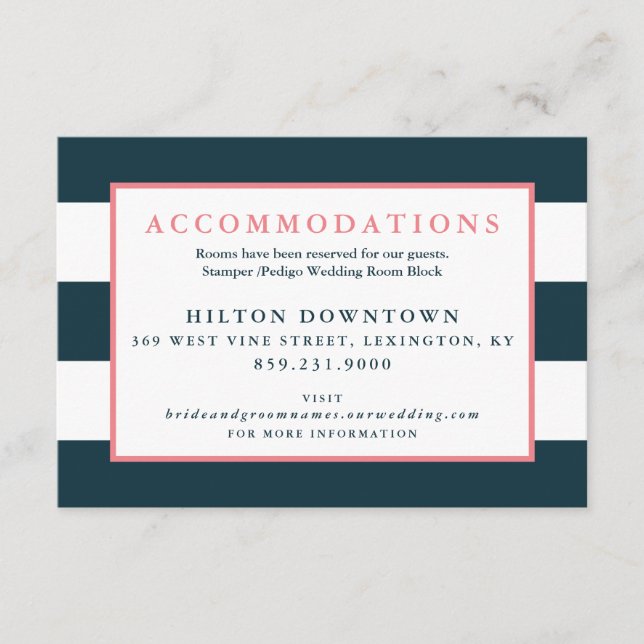 Modern Navy and White Stripe Wedding Accommodation Enclosure Card (Front)