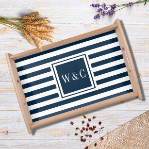 Modern Navy and White Striped Monogram Serving Tray