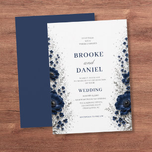 Modern Navy Anemone Silver Glitter Dust Wedding Invitation
