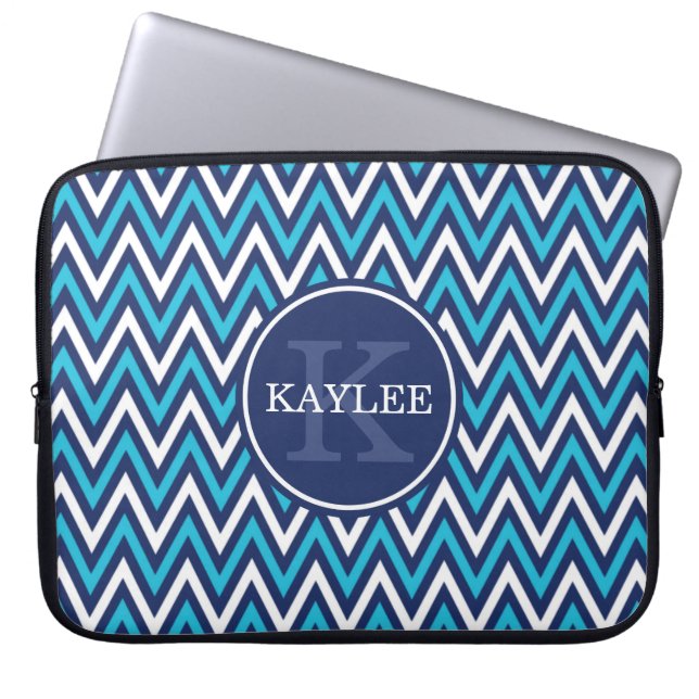 Modern Navy Aqua Blue Chevron & Monogram Laptop Sleeve (Front)
