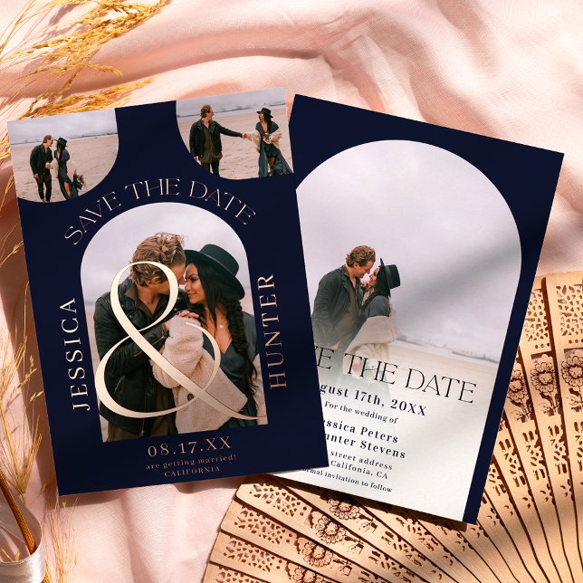 Modern navy arch 4 photos wedding save the date (Creator Uploaded)