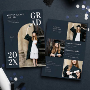 Modern Navy Arch Photo and Collage Graduation Invitation
