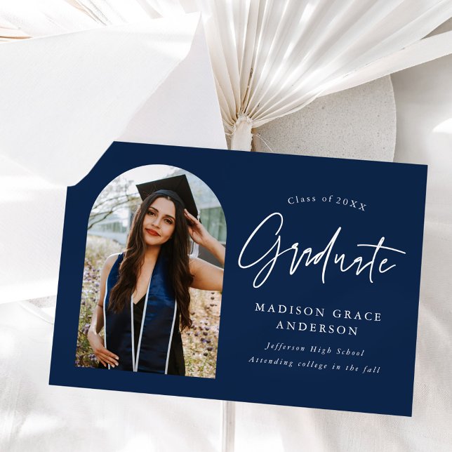 Modern Navy Arch Photo Graduation Announcement (Creator Uploaded)