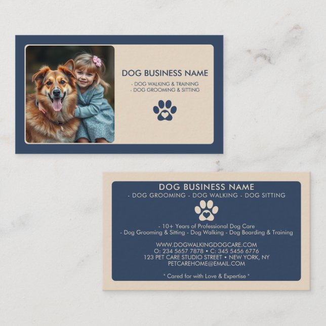 Modern Navy Beige Pet Sitting Photo Paw Print Business Card (Front/Back)
