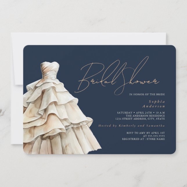 Modern Navy Beige Wedding Dress Bridal Shower Invitation (Front)