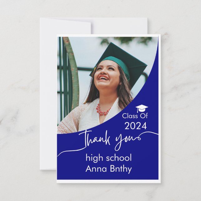 Modern Navy Bleu Graduation Thank You  Card (Front)