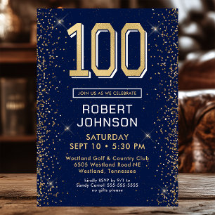 Modern Navy Blue 100th Birthday Invitation