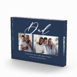 Modern navy blue 2 photo script dad elegant gift block