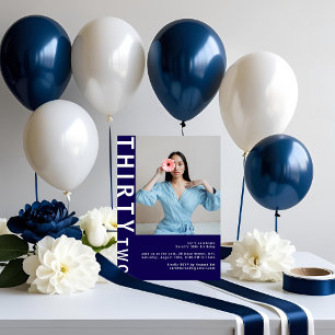 Modern Navy Blue 32nd Birthday Photo Invitation