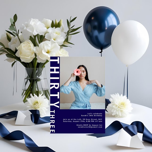 Modern Navy Blue 33rd Birthday Photo Invitation (Creator Uploaded)