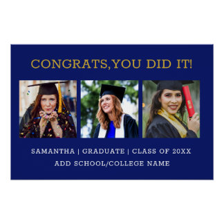 Modern Navy Blue 3 Photo Collage Graduation Poster