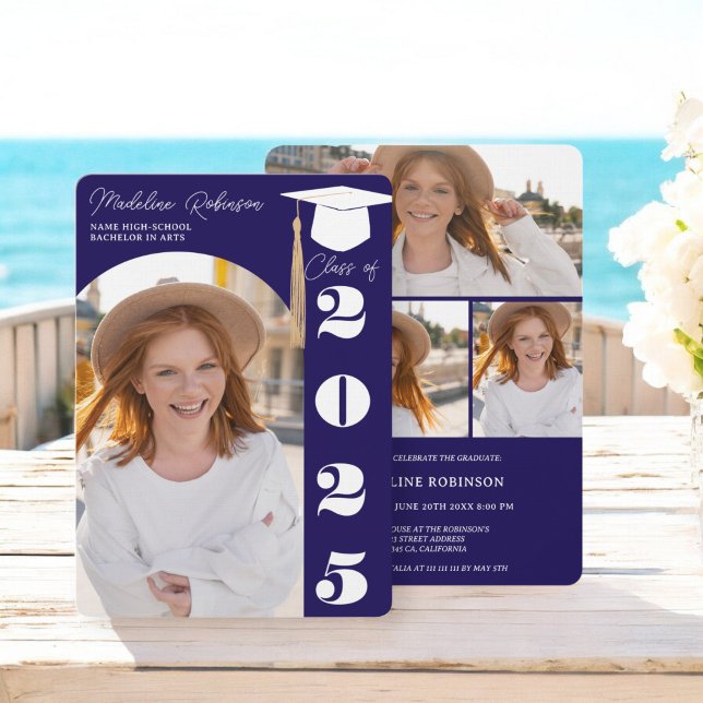 Modern Navy Blue 4 photos Graduation Invitation (Modern Navy Blue 4 photos Graduation Invitation)