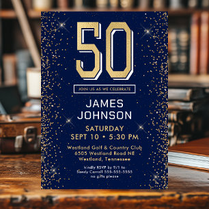 Modern Navy Blue 50th Birthday Invitation