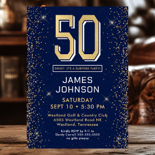 Modern Navy Blue 50th Birthday Surprise Party Invitation
