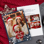 Modern navy blue 5 photo collage Merry Christmas Holiday Card<br><div class="desc">Simple minimal stylish five custom family photos "Merry Christmas and A Happy New Year" (changeable) typography script text overlay Christmas holiday card template with a dark blue frame and snowflakes.                       Easy to personalise with your pictures,  text,  name signature,  and wishes on both sides!</div>