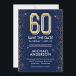 Modern Navy Blue 60th Birthday  Save The Date<br><div class="desc">This fabulous navy blue and gold men's 60th birthday party Save the Date card featuring the number 60 in gold with modern fonts and gold glitter sides would be perfect for asking people to put this special date aside for the man in your life's upcoming 60th Birthday Party. It is...</div>