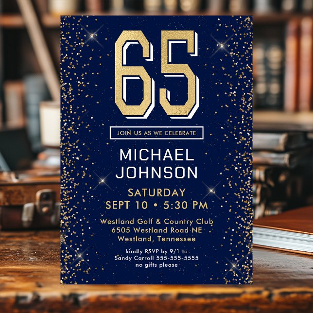 Modern Navy Blue 65th Birthday Photo Invitation (Creator Uploaded)