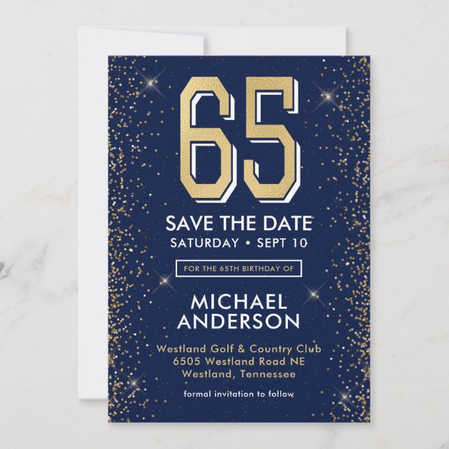 Modern Navy Blue 65th Birthday  Save The Date (Front)