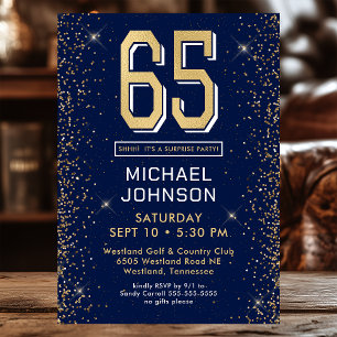 Modern Navy Blue 65th Birthday Surprise Party Invitation