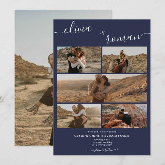 Modern navy blue 6 photos grid collage wedding invitation (Front/Back)