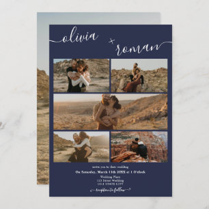 Modern navy blue 6 photos grid collage wedding invitation
