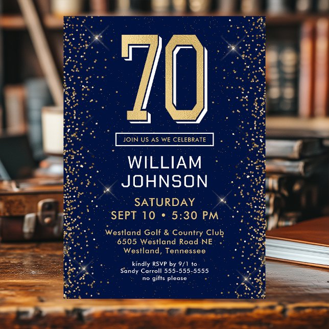 Modern Navy Blue 70th Birthday Photo Invitation (Creator Uploaded)