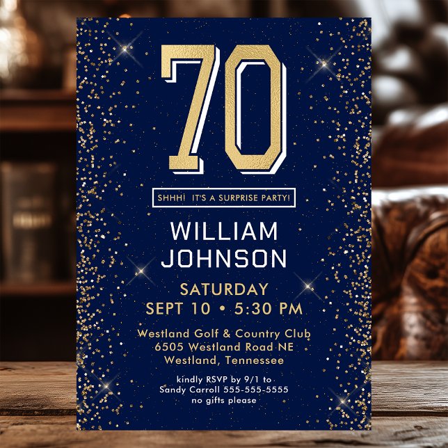 Modern Navy Blue 70th Birthday Surprise Party Invitation (Creator Uploaded)