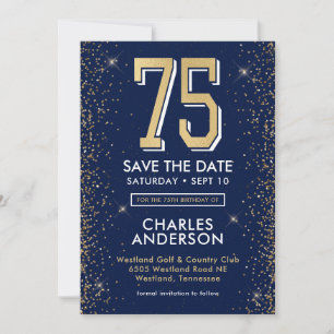 Modern Navy Blue 75th Birthday  Save The Date