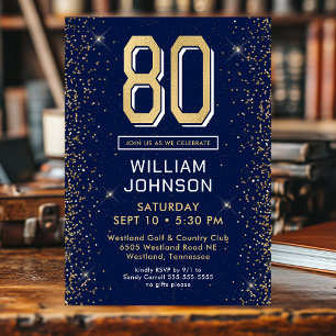 Modern Navy Blue 80th Birthday Invitation