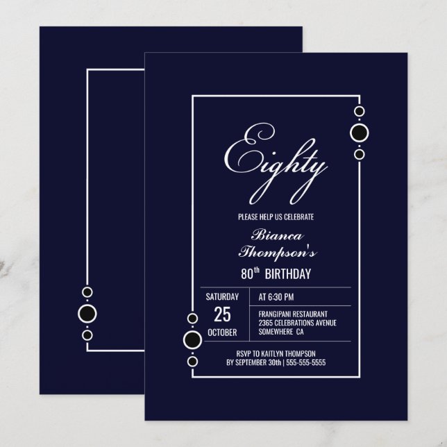 Modern Navy Blue 80th Birthday Party Invitation (Front/Back)