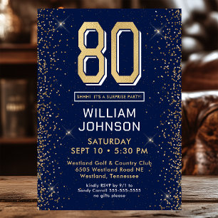 Modern Navy Blue 80th Birthday Surprise Party Invitation