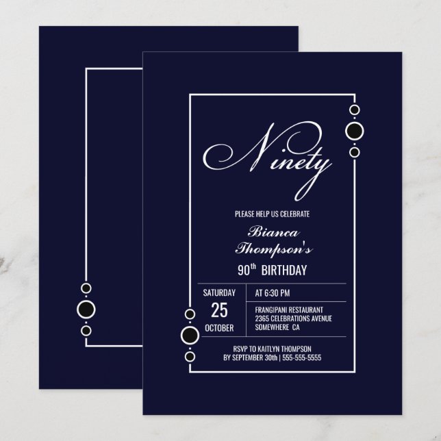 Modern Navy Blue 90th Birthday Party Invitation (Front/Back)