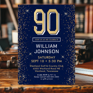 Modern Navy Blue 90th Birthday Photo Invitation