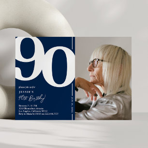 Modern Navy Blue 90th Birthday Photo Invitation