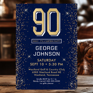 Modern Navy Blue 90th Birthday Surprise Party Invitation