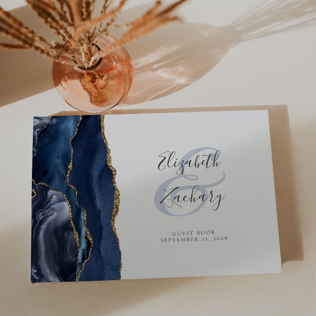 Modern Navy Blue Agate Gold Script Guest Book (Creator Uploaded)