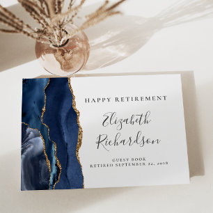 Modern Navy Blue Agate Gold Script Retirement Guest Book