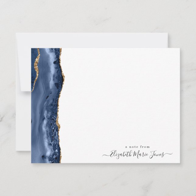 Modern Navy Blue Agate Marble Gemstone Script Name Card (Front)