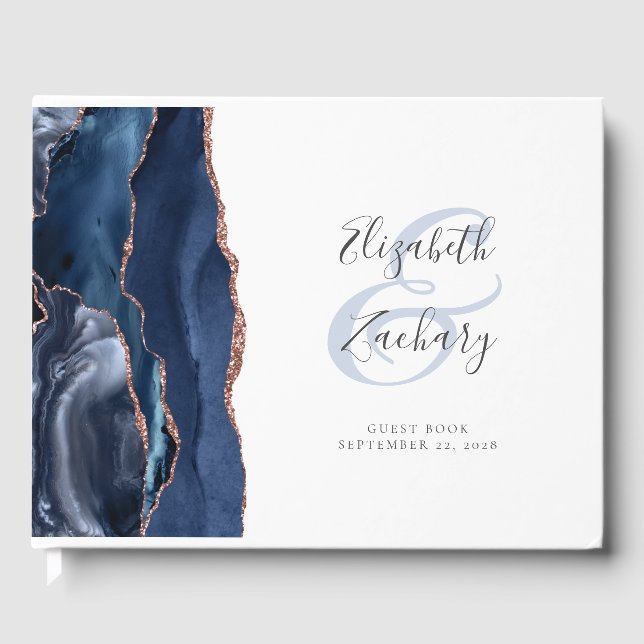 Modern Navy Blue Agate Rose Gold Script Guest Book (Front)