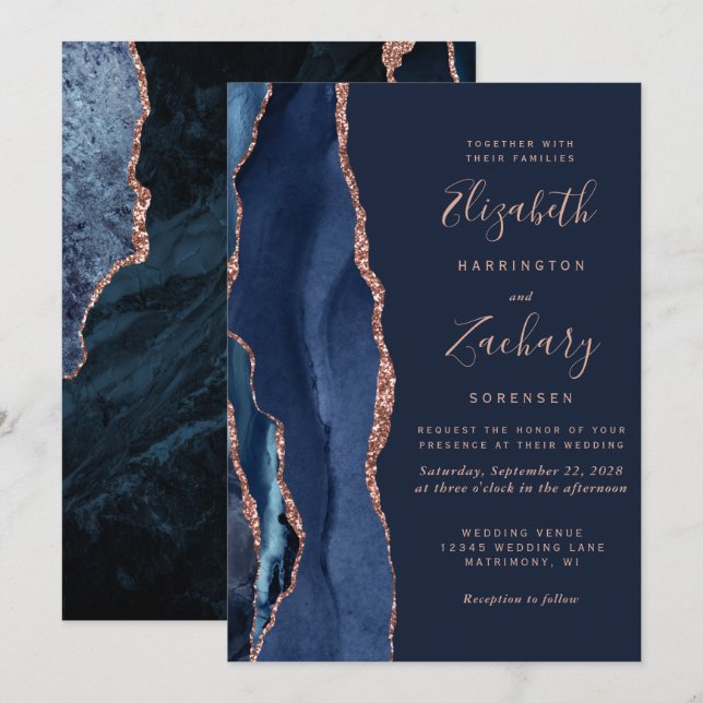 Modern Navy Blue Agate Rose Gold Wedding Invitation (Front/Back)