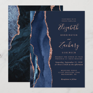 Modern Navy Blue Agate Rose Gold Wedding Invitation