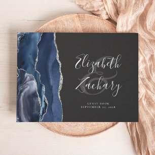 Modern Navy Blue Agate Silver Script Dark Guest Book