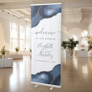 Modern Navy Blue Agate Silver Wedding Welcome Retractable Banner