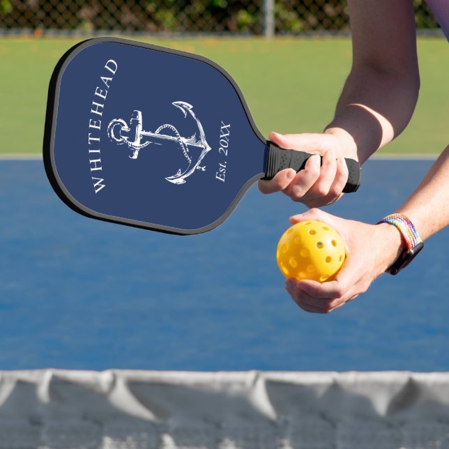 Modern Navy Blue Anchor Monogram Pickleball Paddle (Insitu)