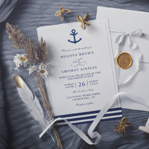 Modern Navy Blue Anchor Nautical QR Code Wedding Invitation