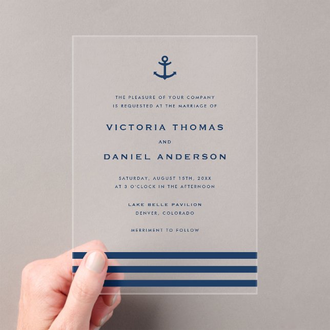 Modern Navy Blue Anchor Nautical Wedding  Acrylic Invitations (Insitu (Handheld))