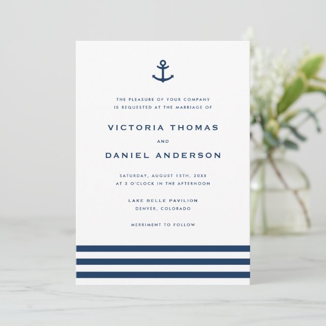 Modern Navy Blue Anchor Nautical Wedding Invitation (Standing Front)