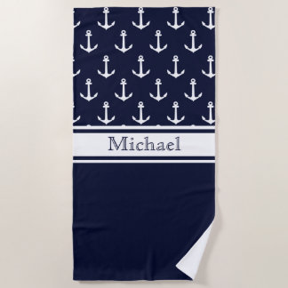 Modern Navy Blue Anchor Pattern Name Nautical Beach Towel