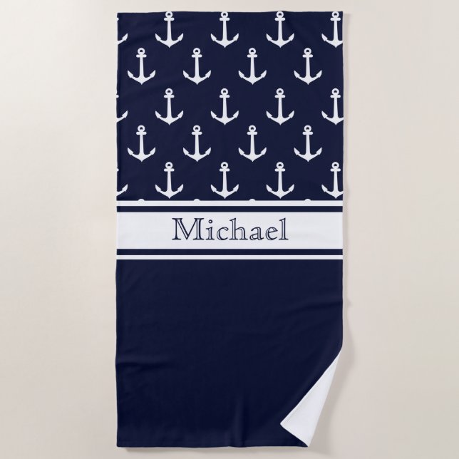 Modern Navy Blue Anchor Pattern Name Nautical Beach Towel (Front)