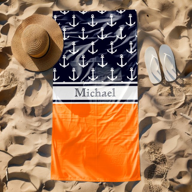 Modern Navy Blue Anchor Pattern Name Nautical Beach Towel (Creator Uploaded)